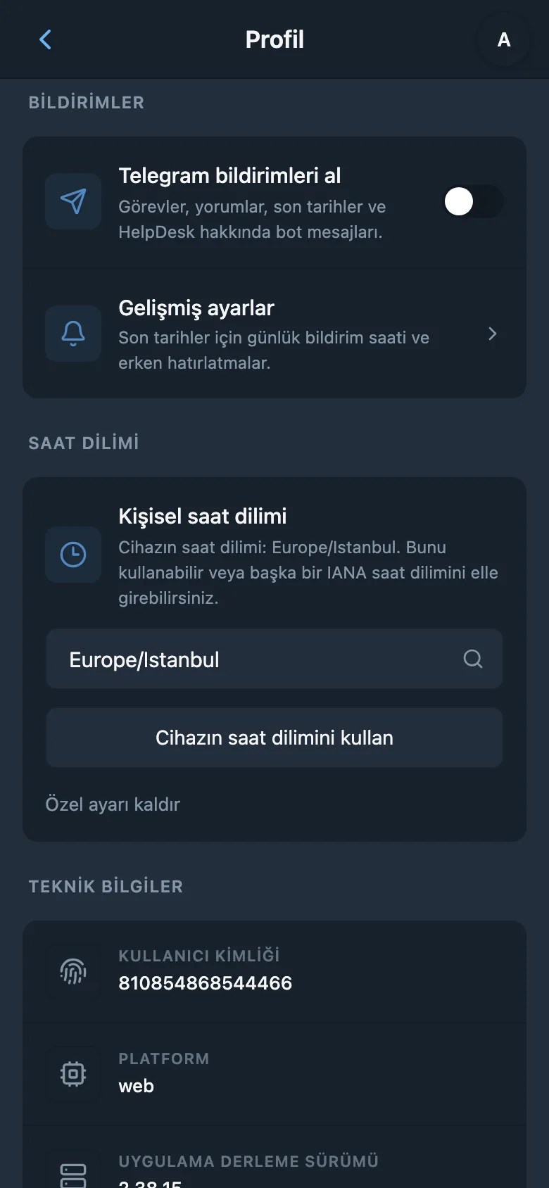 Saat dilimi, bildirim saati ve son tarihten önce hatırlatma ayarları