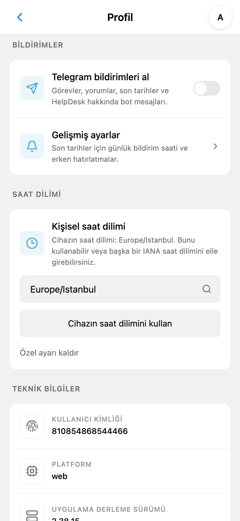 Saat dilimi, bildirim saati ve son tarihten önce hatırlatma ayarları