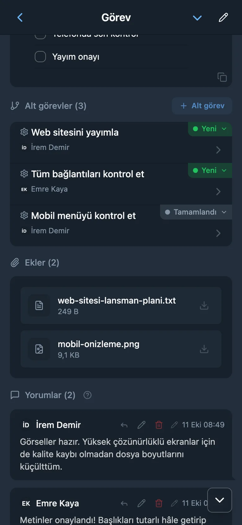 Görev kartındaki dosya ekleri