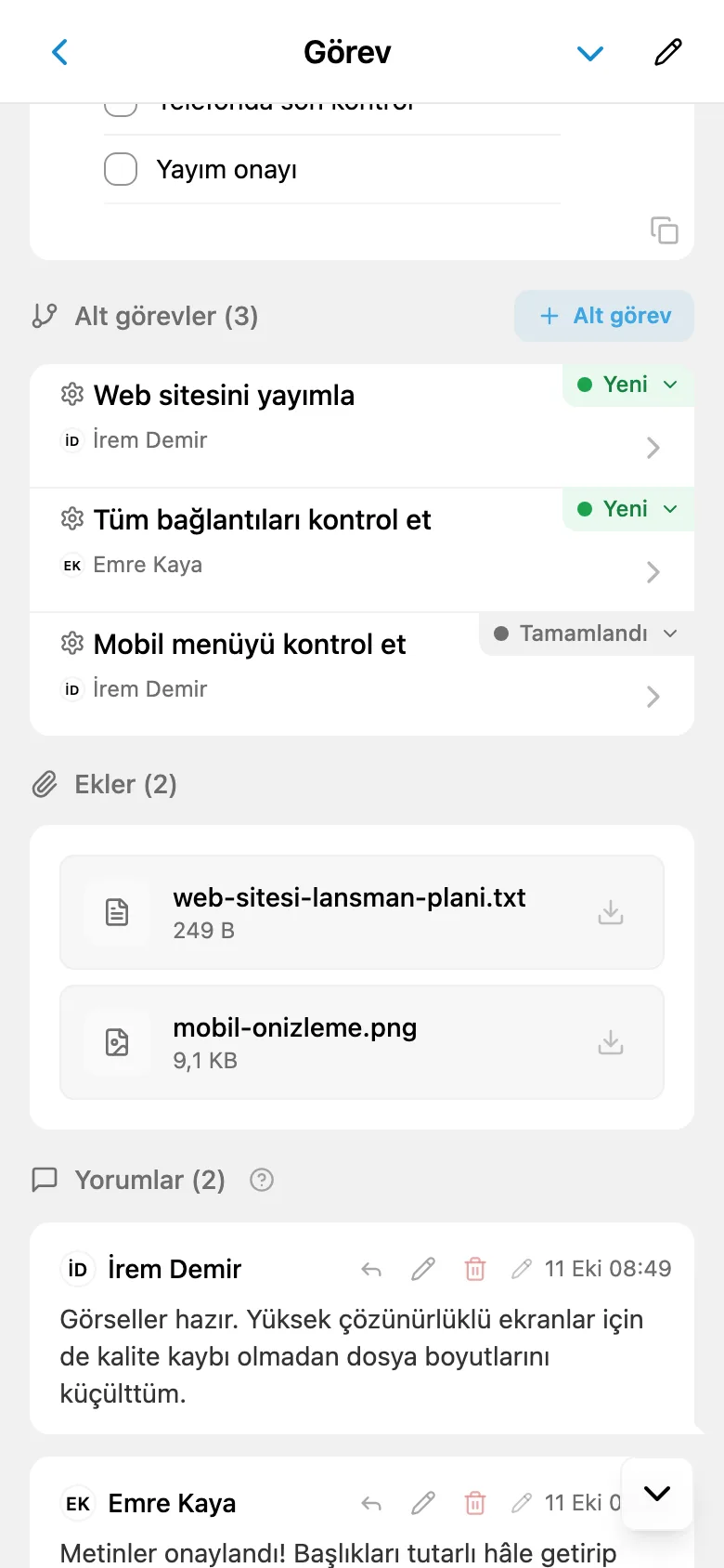 Görev kartındaki dosya ekleri