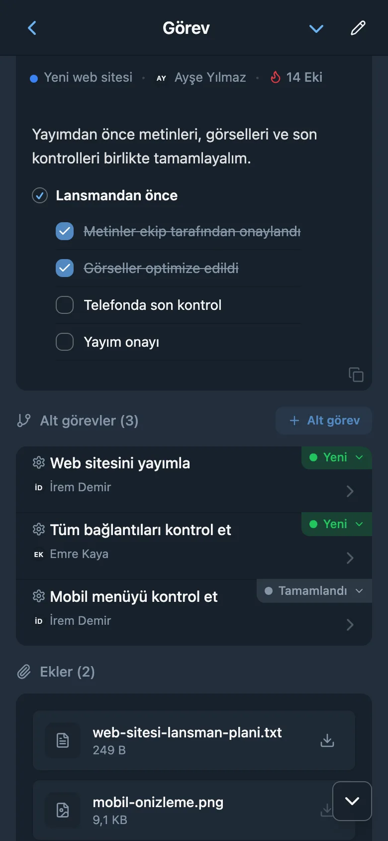 Alt görevleri, durumlarını ve sorumlularını listeleyen görev kartı