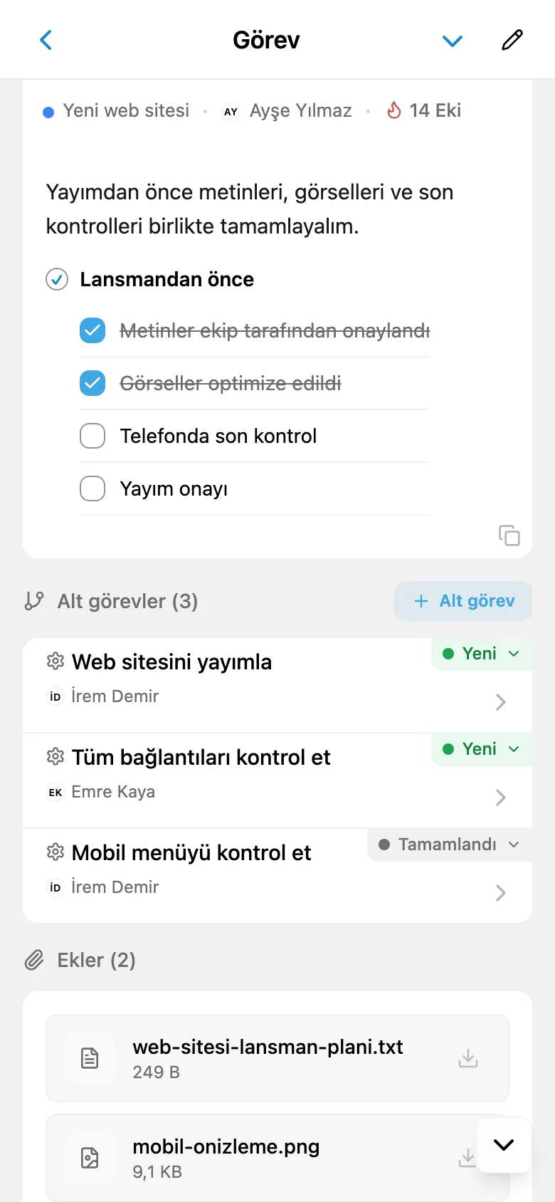 Alt görevleri, durumlarını ve sorumlularını listeleyen görev kartı