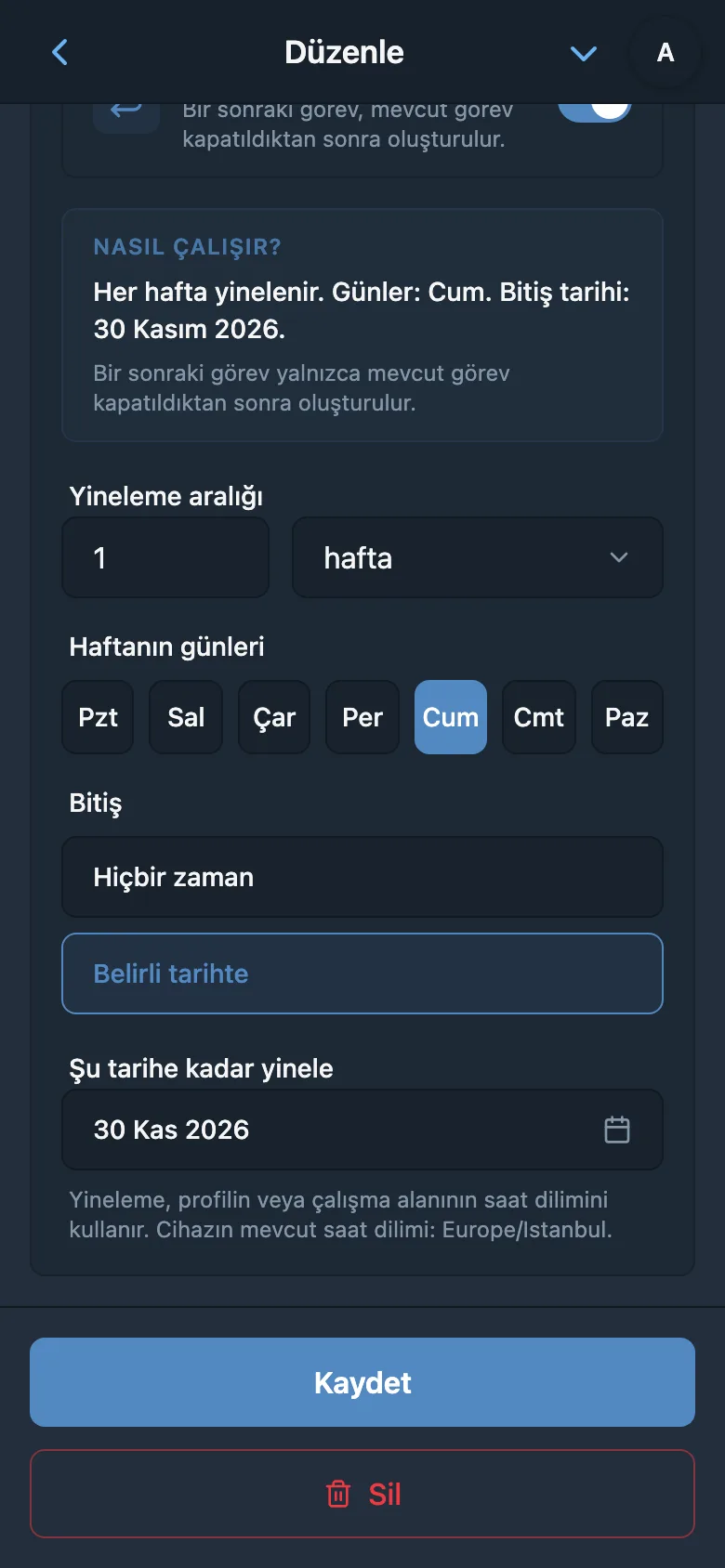 Serinin bitiş tarihiyle her cuma için ayarlanmış yinelenen görev kuralı