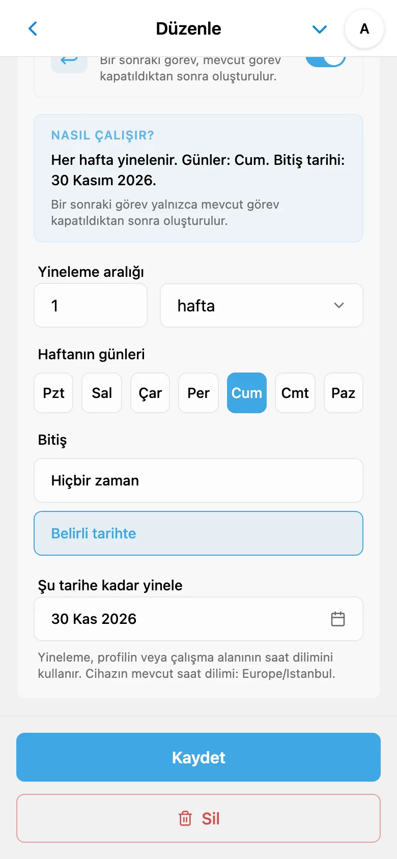 Serinin bitiş tarihiyle her cuma için ayarlanmış yinelenen görev kuralı