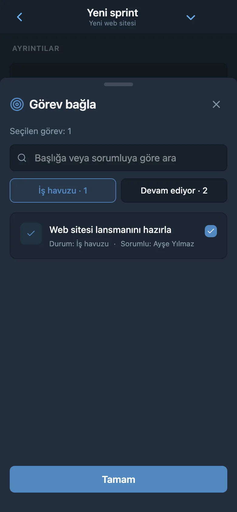 Sprinte eklemek üzere proje iş havuzundan görev seçimi
