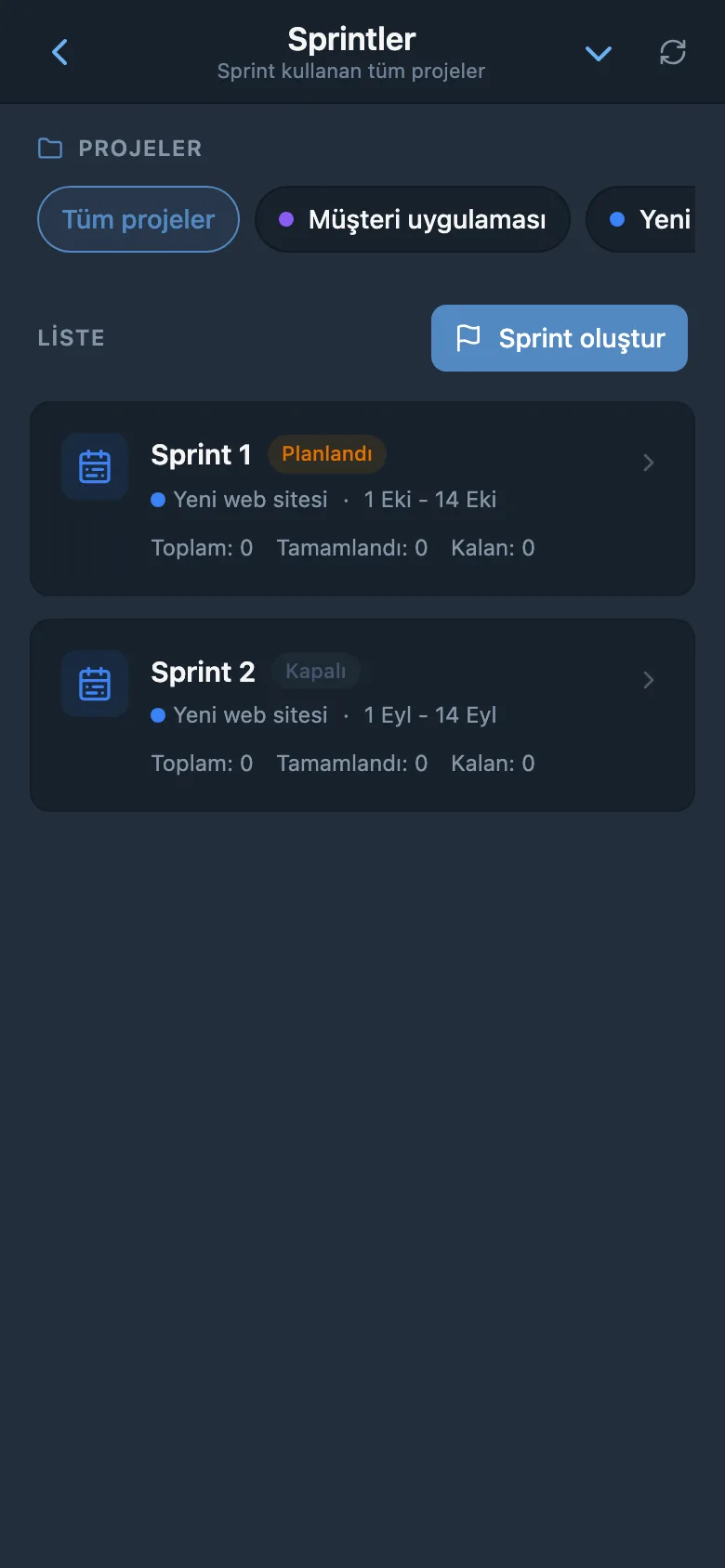 Yineleme tarihlerini ve durumlarını gösteren proje sprint listesi