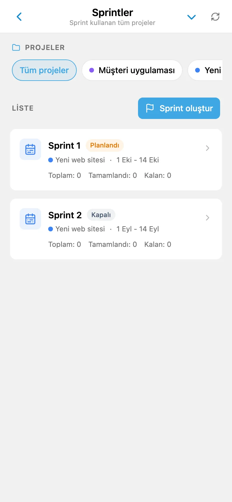 Yineleme tarihlerini ve durumlarını gösteren proje sprint listesi