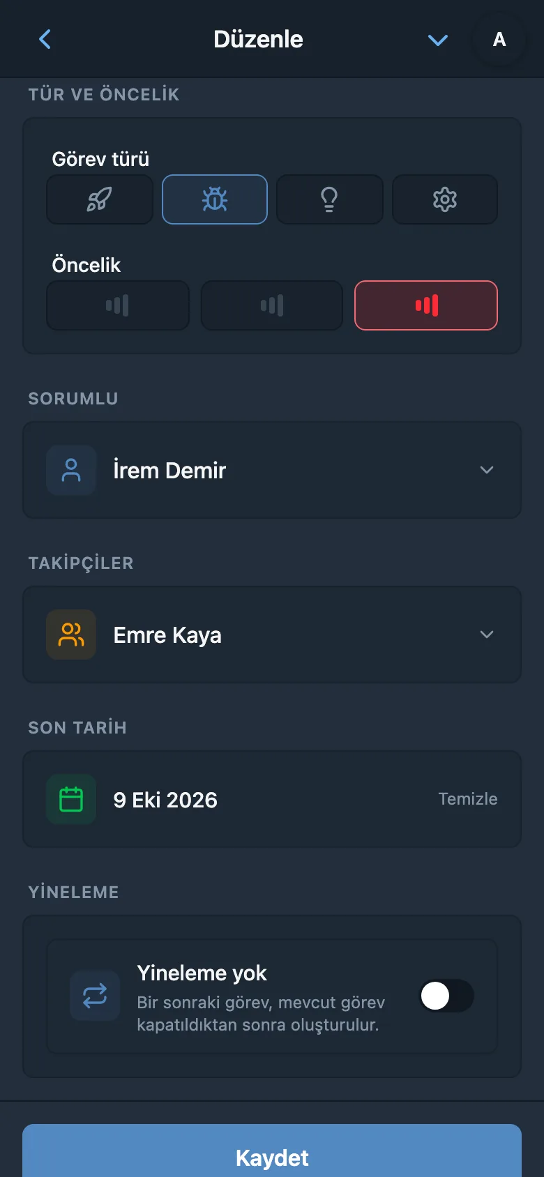 Hata türü, yüksek öncelik, sorumlu, takipçi ve son tarih gösteren görev alanları