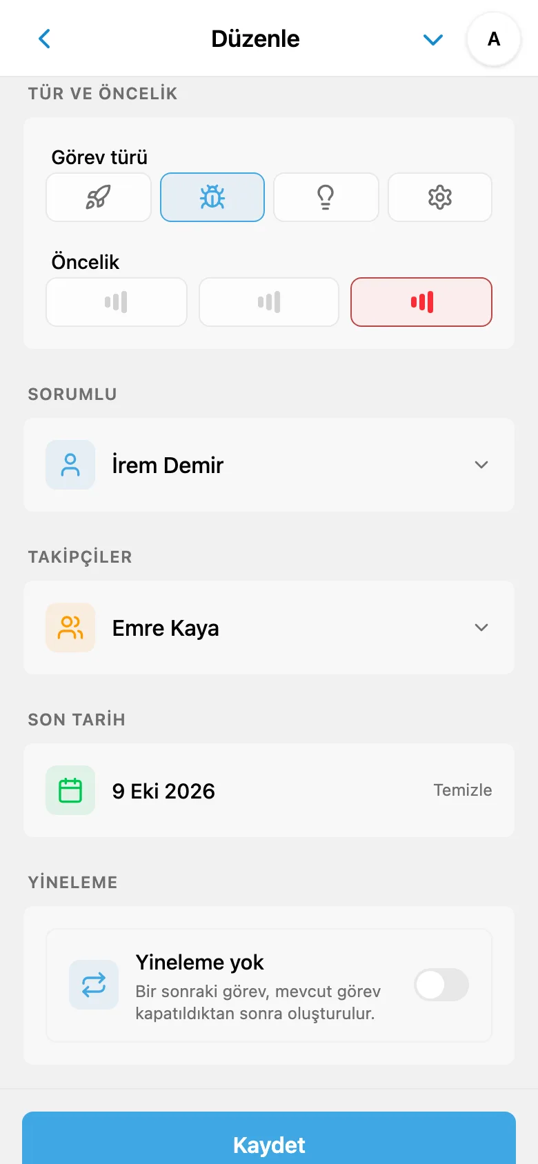 Hata türü, yüksek öncelik, sorumlu, takipçi ve son tarih gösteren görev alanları