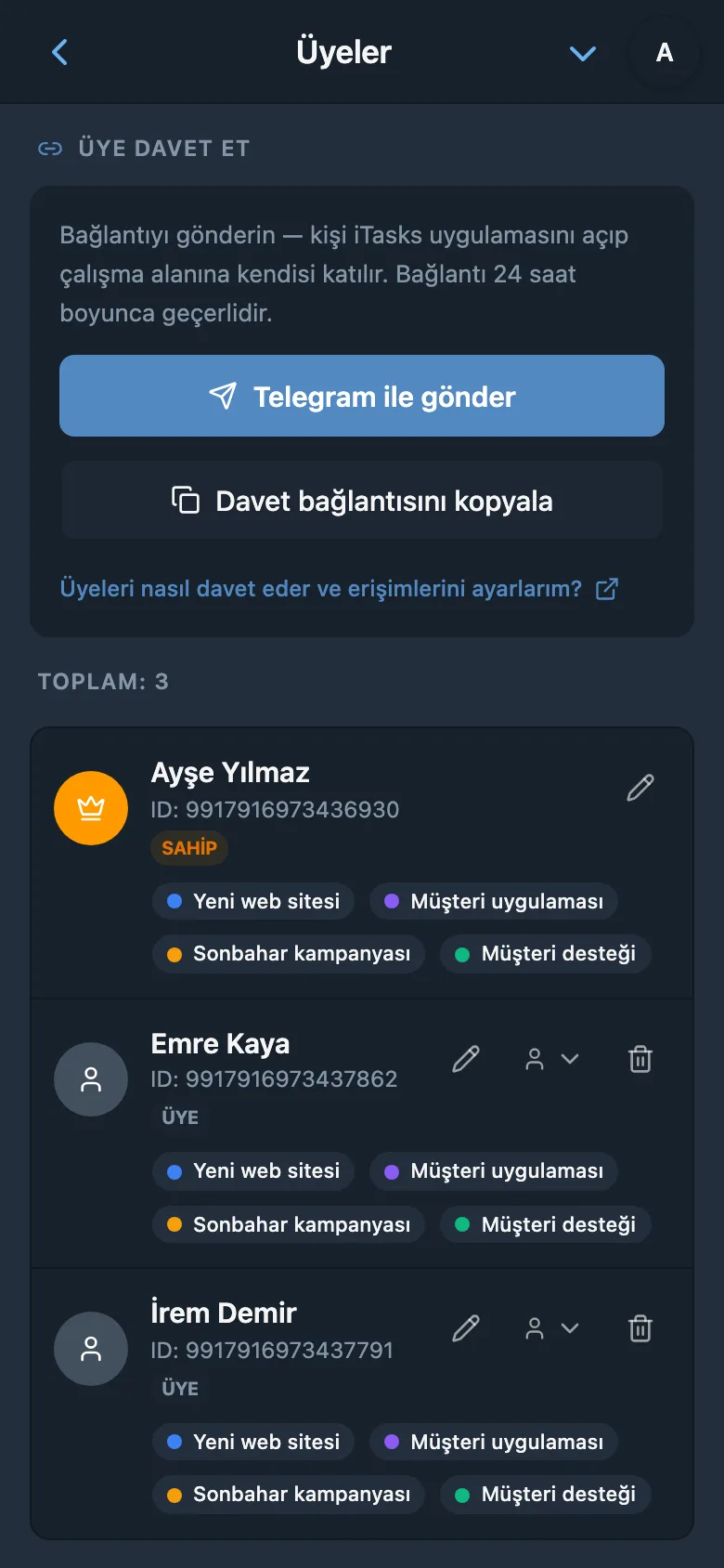 Çalışma alanı daveti oluşturma