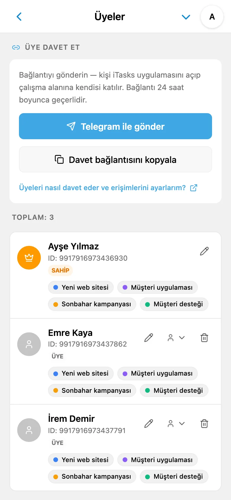 Çalışma alanı daveti oluşturma