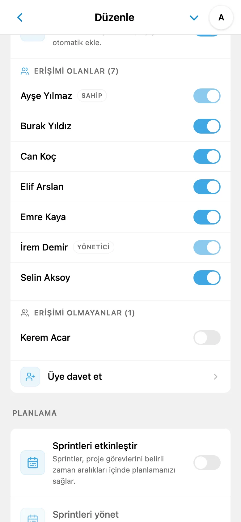 Proje erişimi ayarları