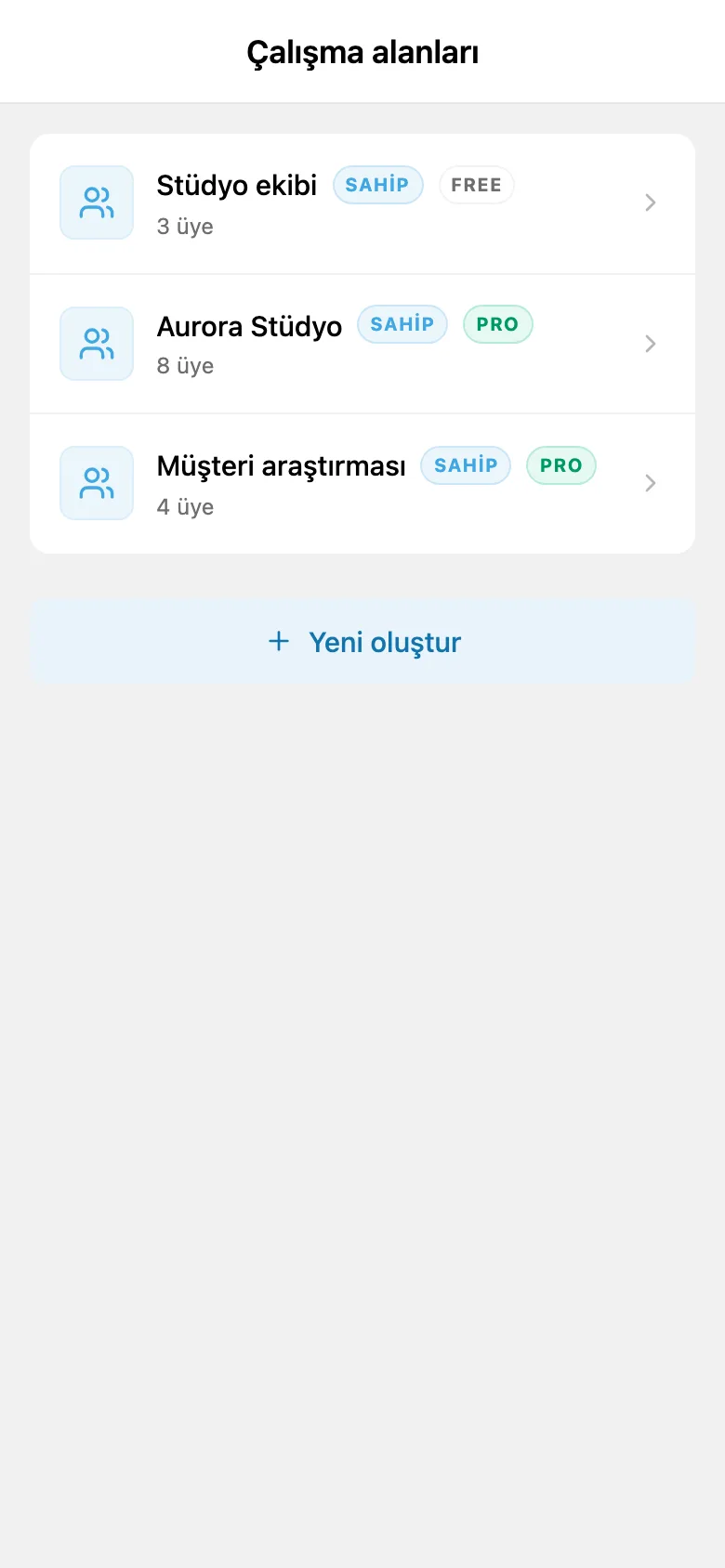 Kullanılabilir çalışma alanlarının listesi