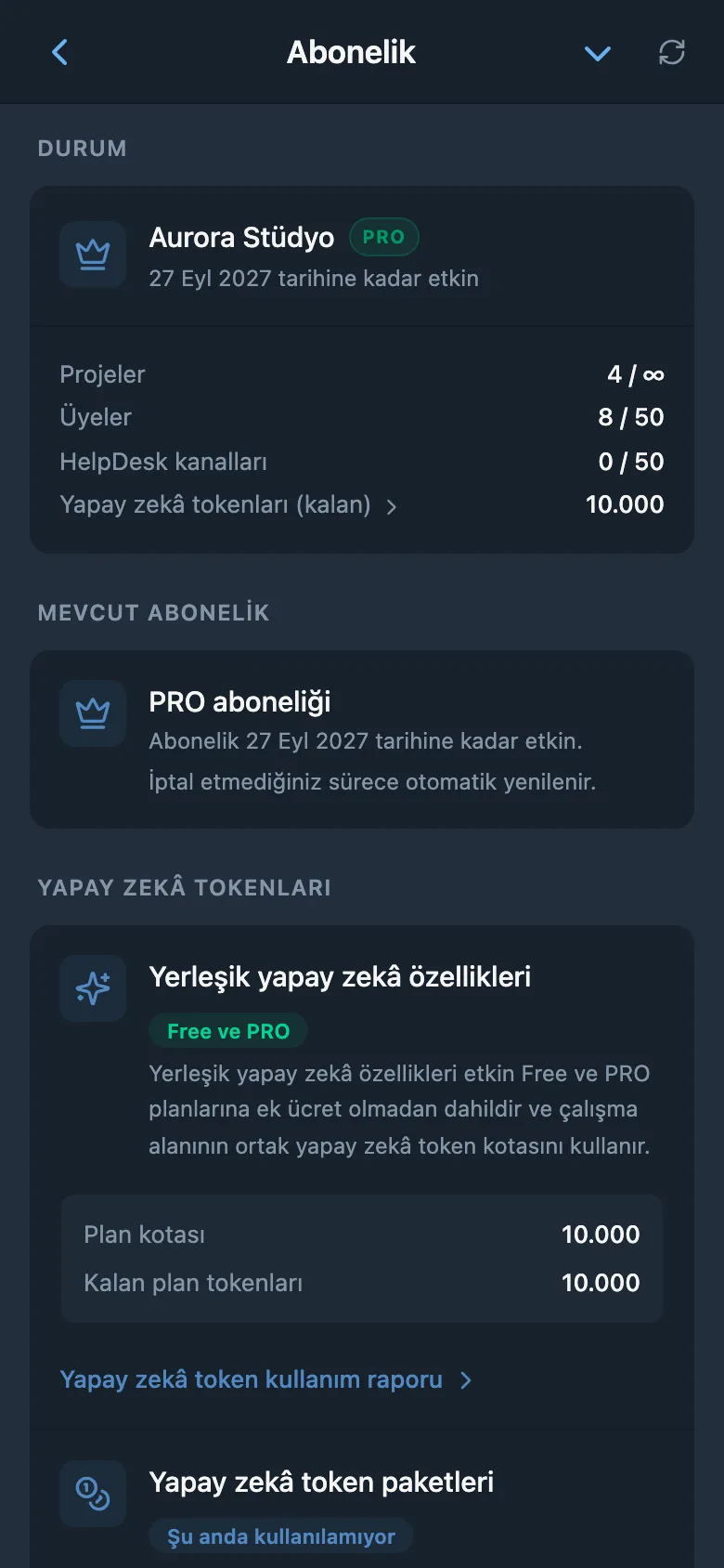 Çalışma alanı abonelik bilgileri