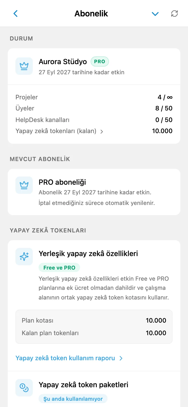 Çalışma alanı abonelik bilgileri