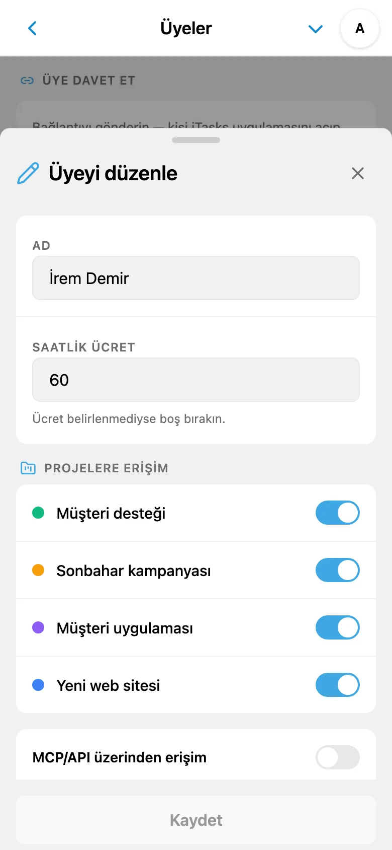 Ekip üyesinin saatlik ücreti
