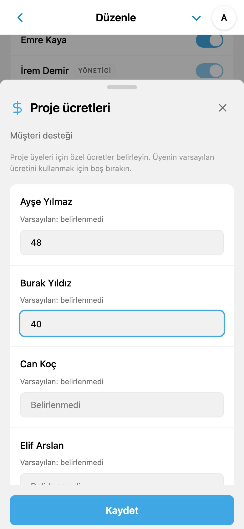 Seçili proje için üyelere özel ücretler