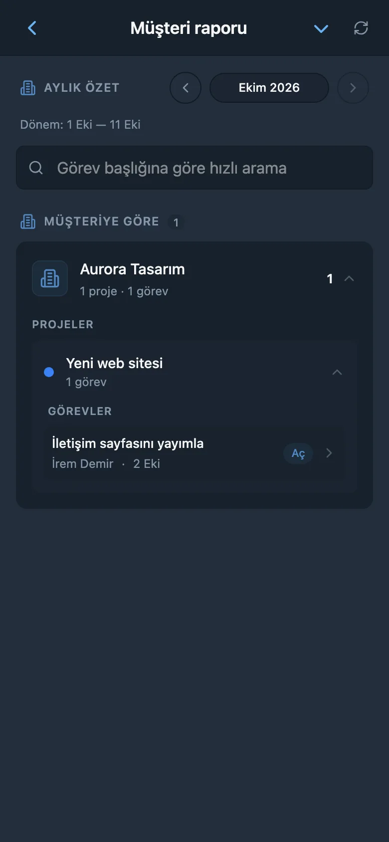 Seçili müşterinin tamamlanan görev raporu