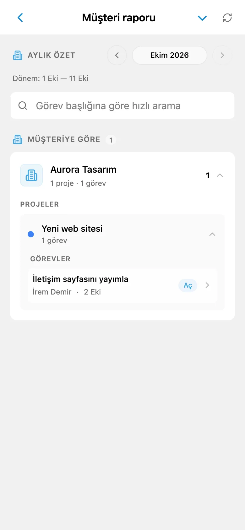 Seçili müşterinin tamamlanan görev raporu
