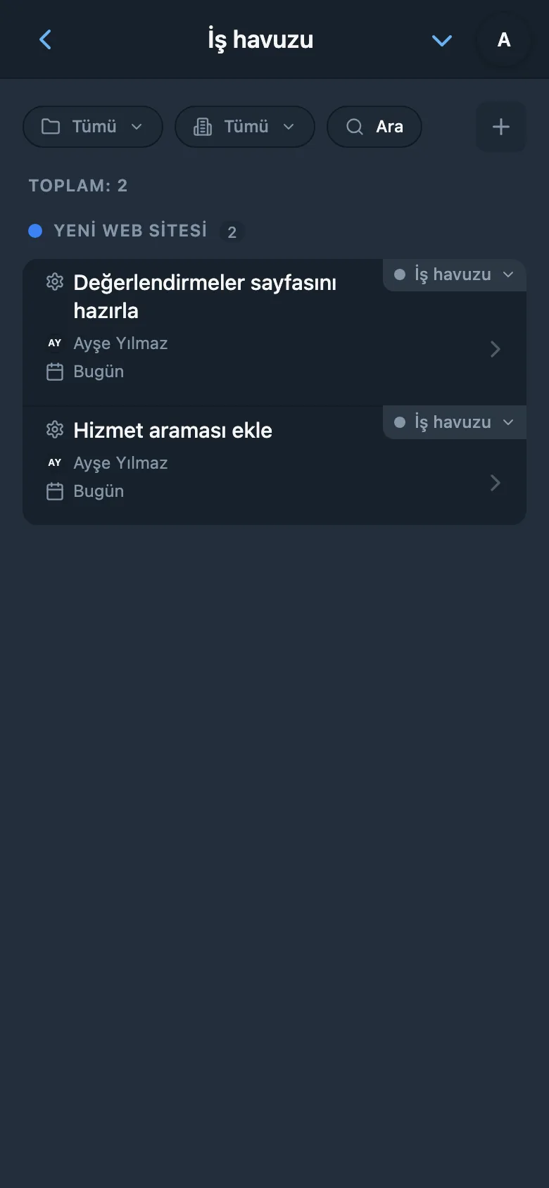 Henüz başlanmamış görevlerden oluşan proje iş havuzu