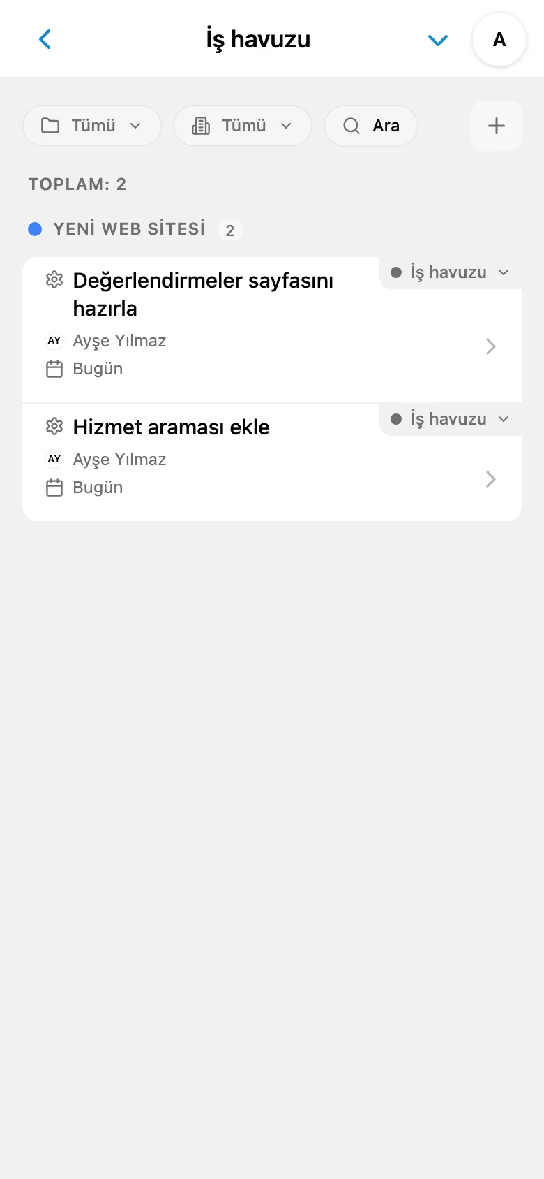 Henüz başlanmamış görevlerden oluşan proje iş havuzu