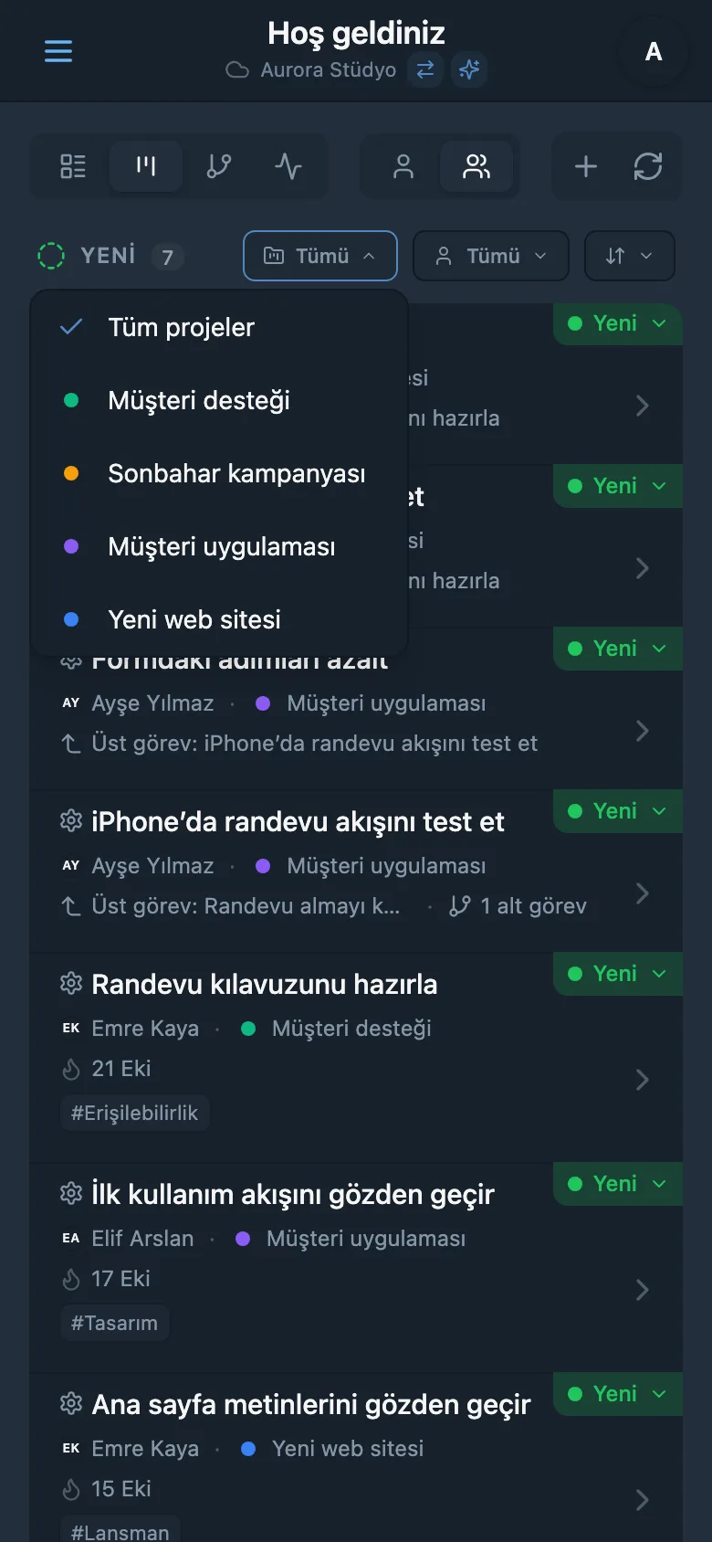 Görevlerin proje filtresi paneli