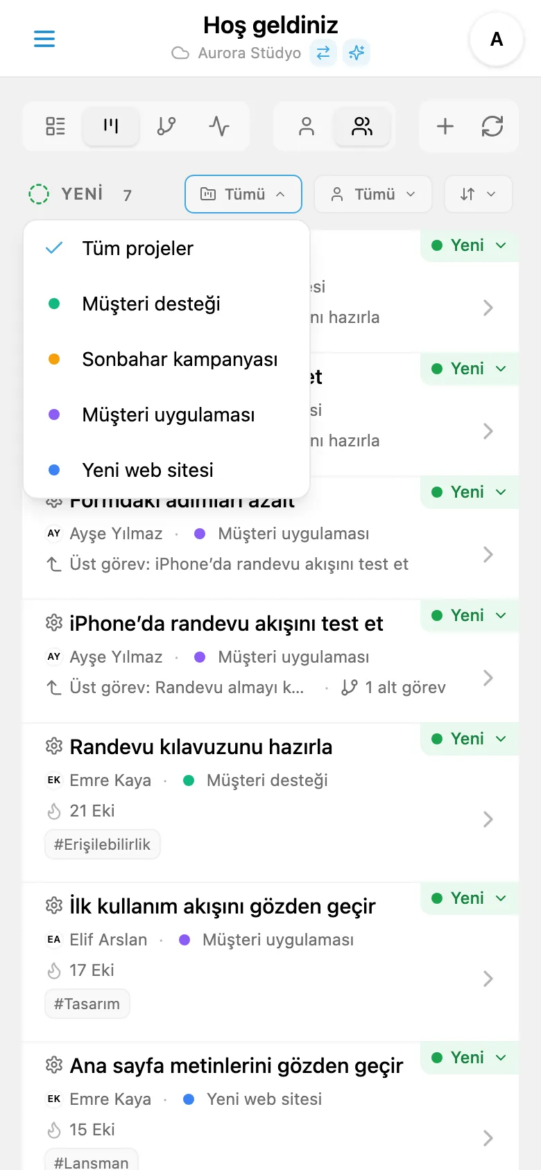 Görevlerin proje filtresi paneli