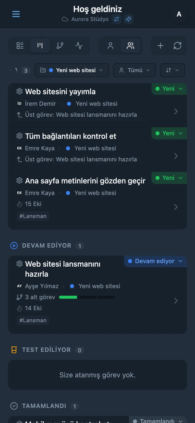 Seçili projenin renk etiketiyle gösterilen görevleri