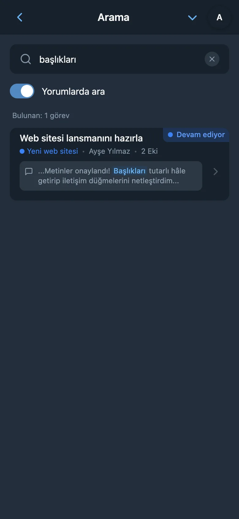 Görev yorumlarından arama sonuçları