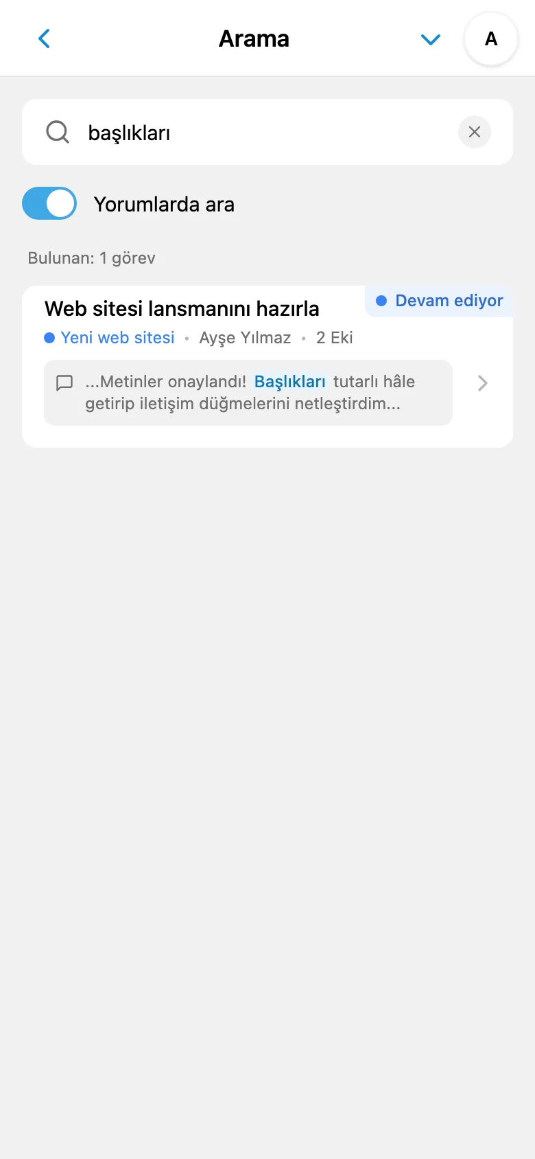 Görev yorumlarından arama sonuçları
