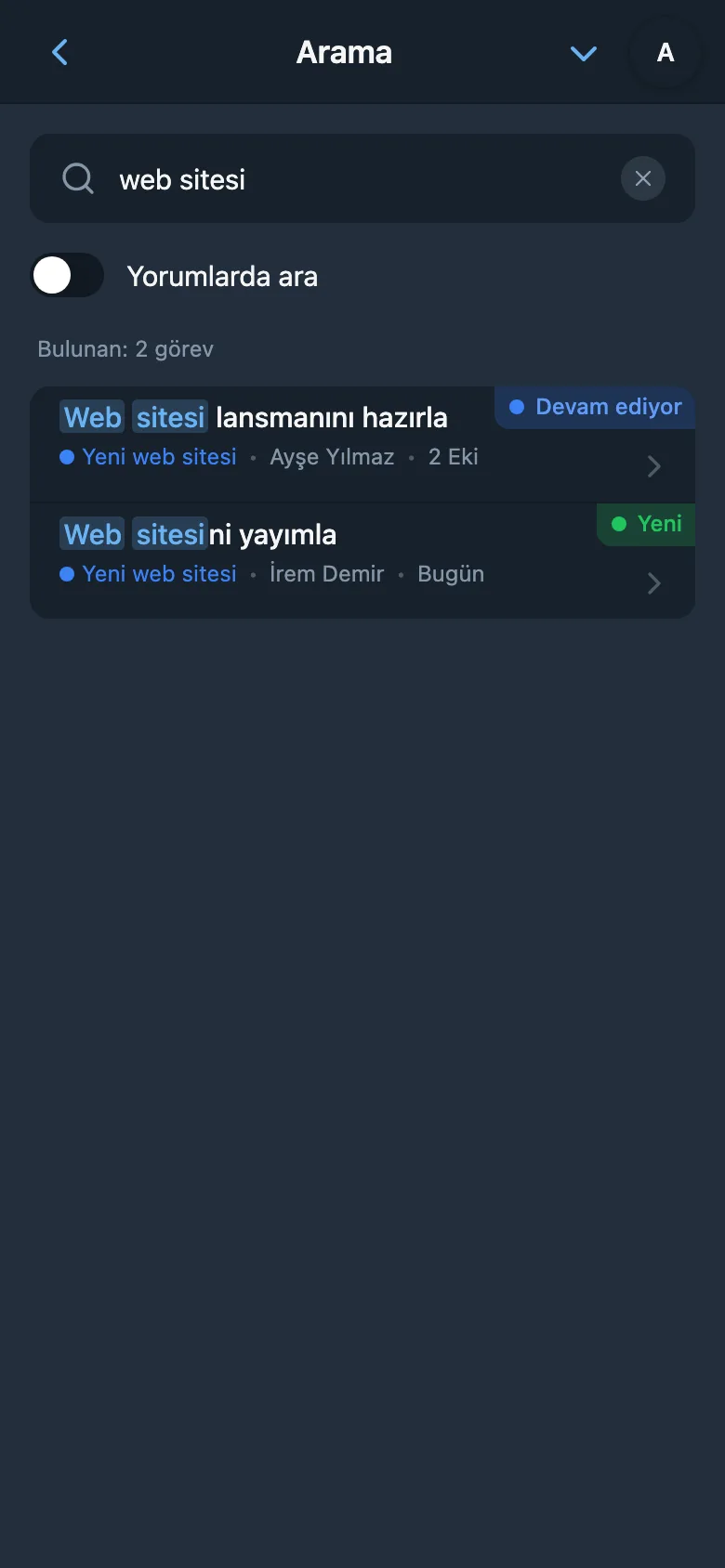 Sorgu girilmiş ve sonuçları gösterilen görev araması