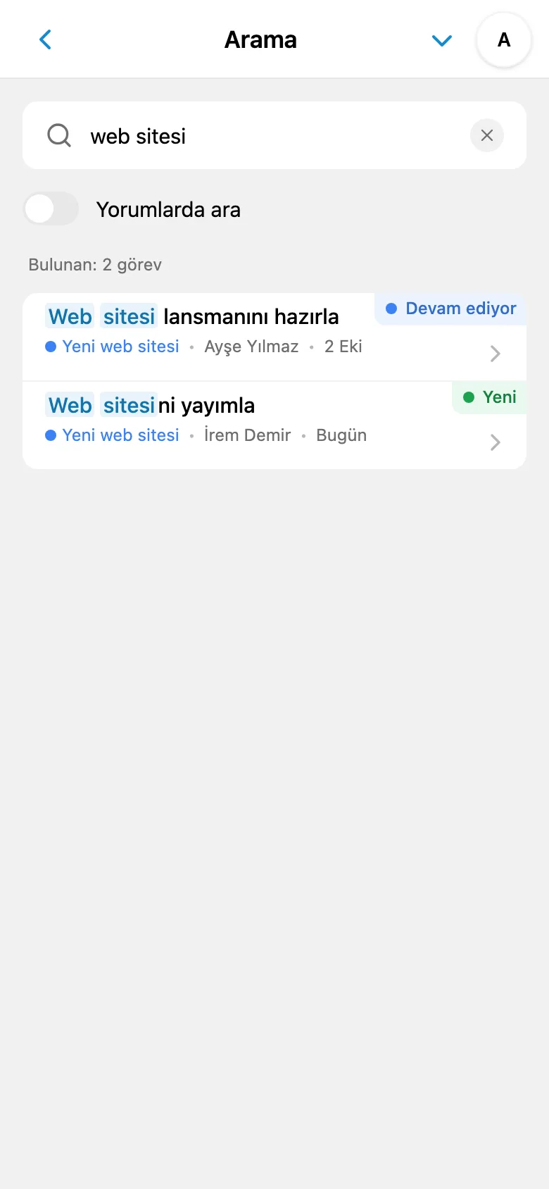 Sorgu girilmiş ve sonuçları gösterilen görev araması