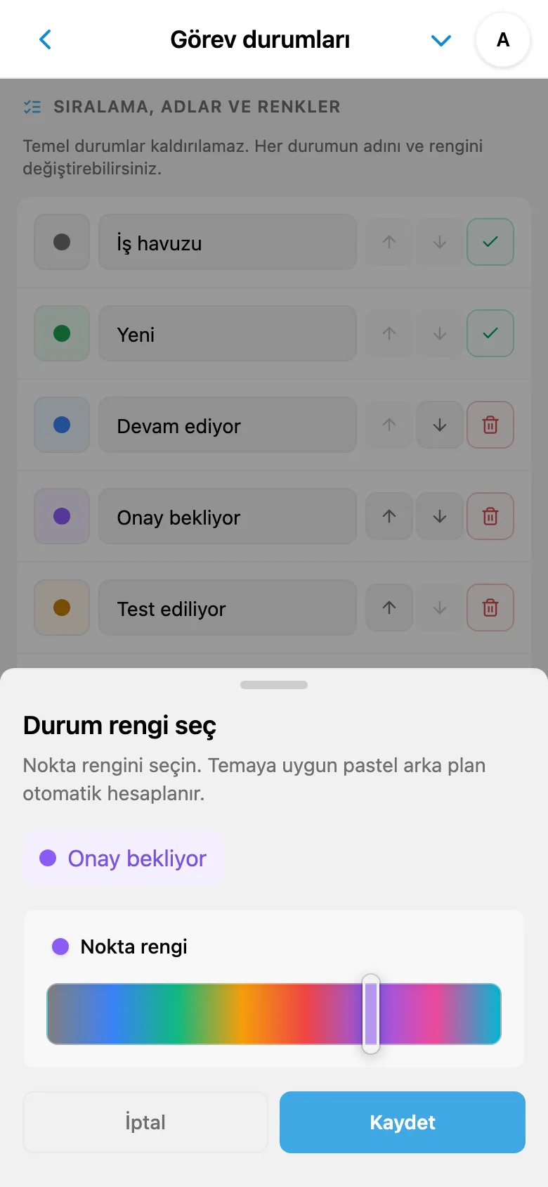 Görev durumu adını düzenleme ve rengini seçme