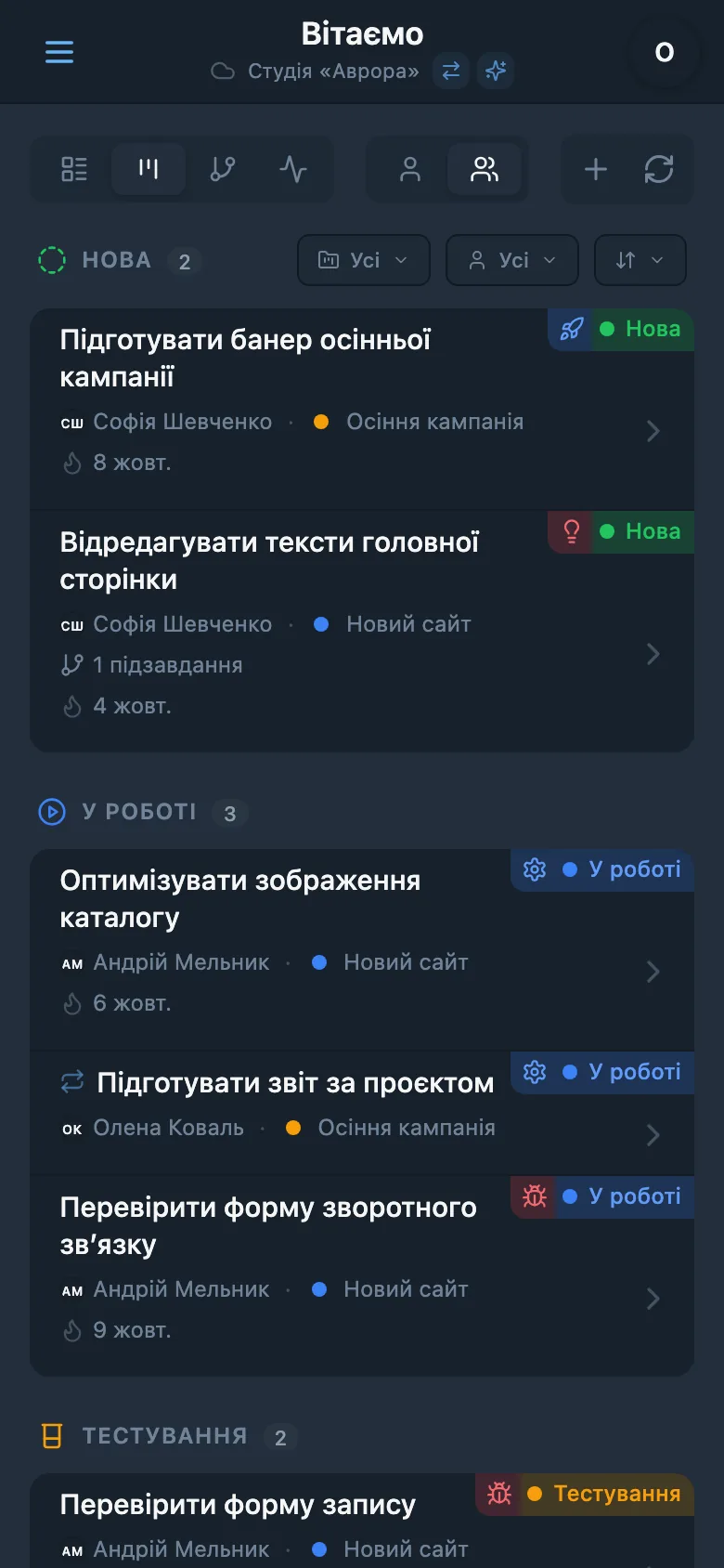 Kanban-дошка із завданнями, згрупованими за статусами