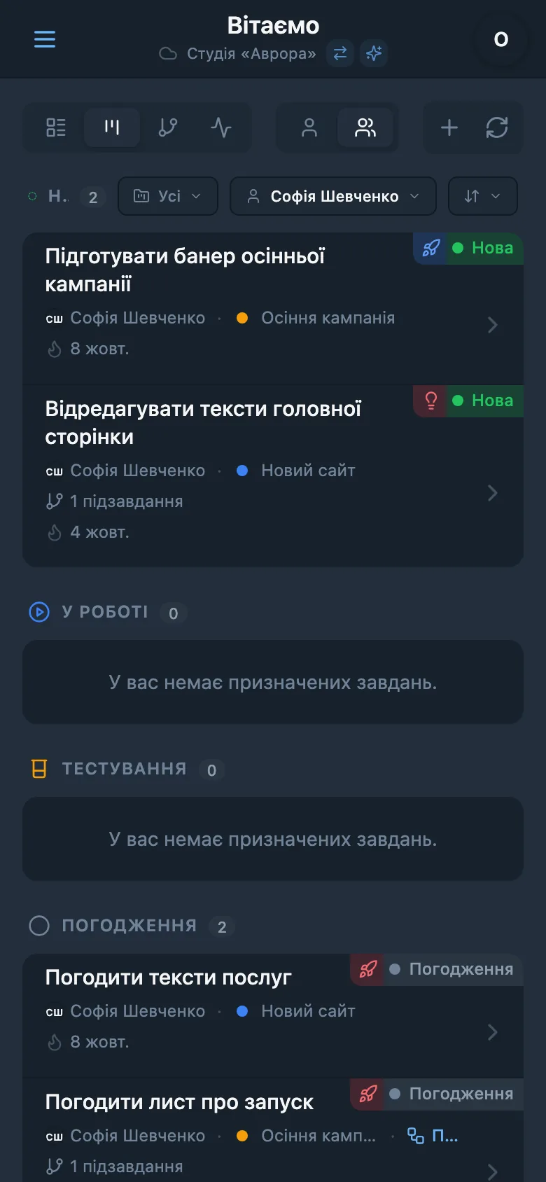 Kanban-дошка після фільтрування за відповідальним