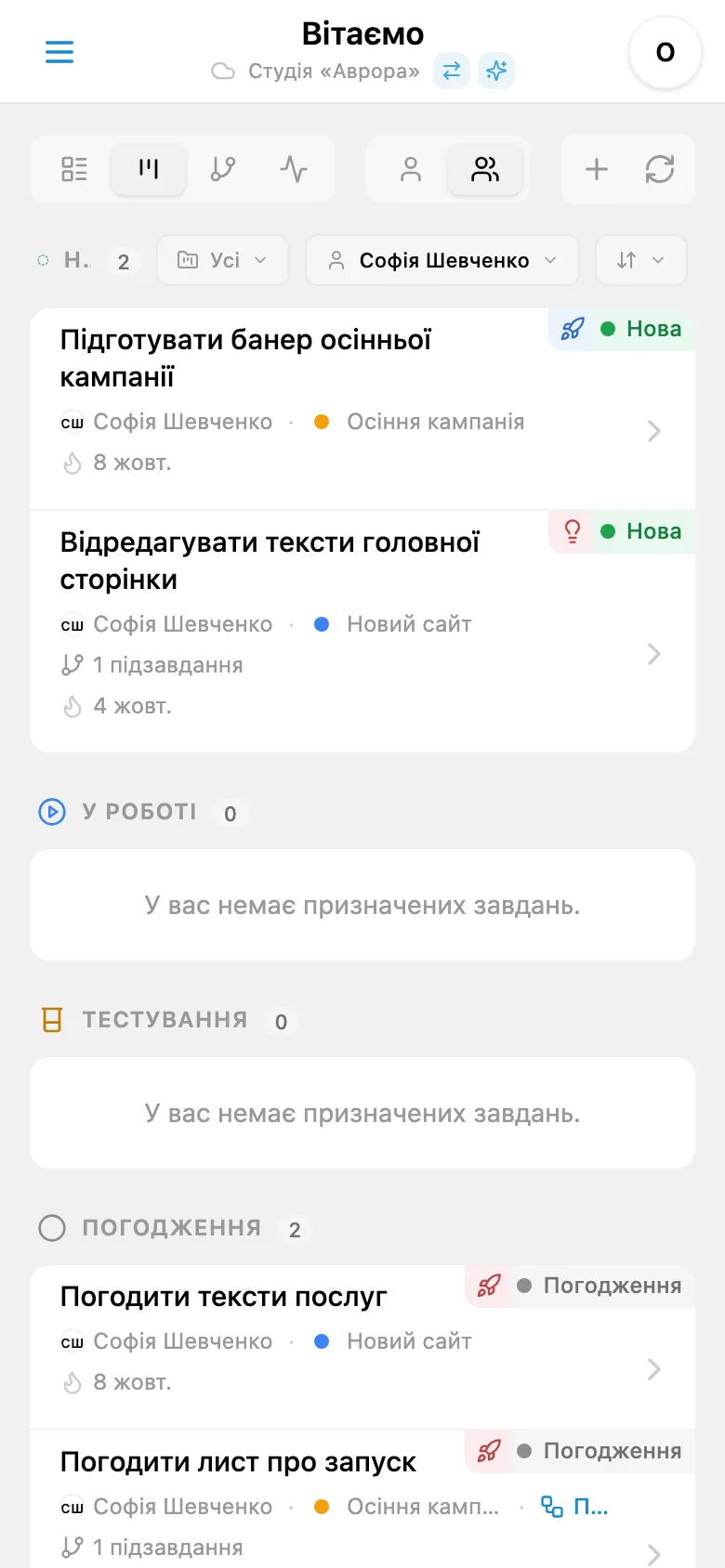 Kanban-дошка після фільтрування за відповідальним