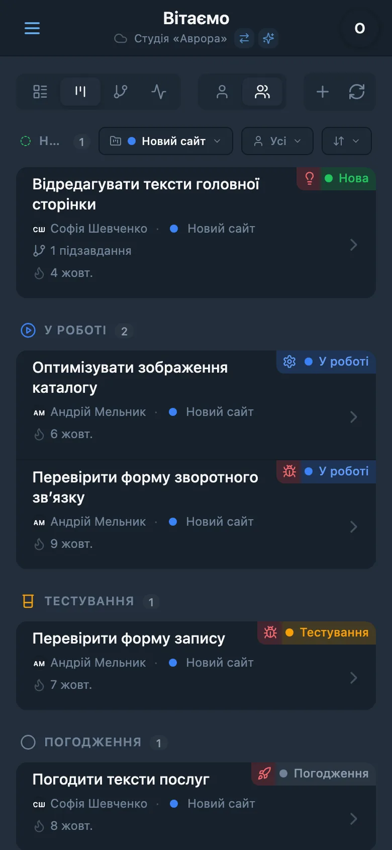 Kanban-дошка з фільтром за проєктом
