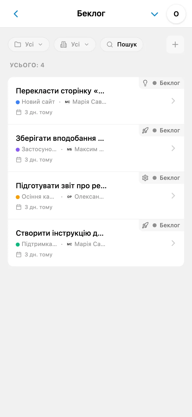 Беклог проєкту із завданнями, які ще не взяли в роботу