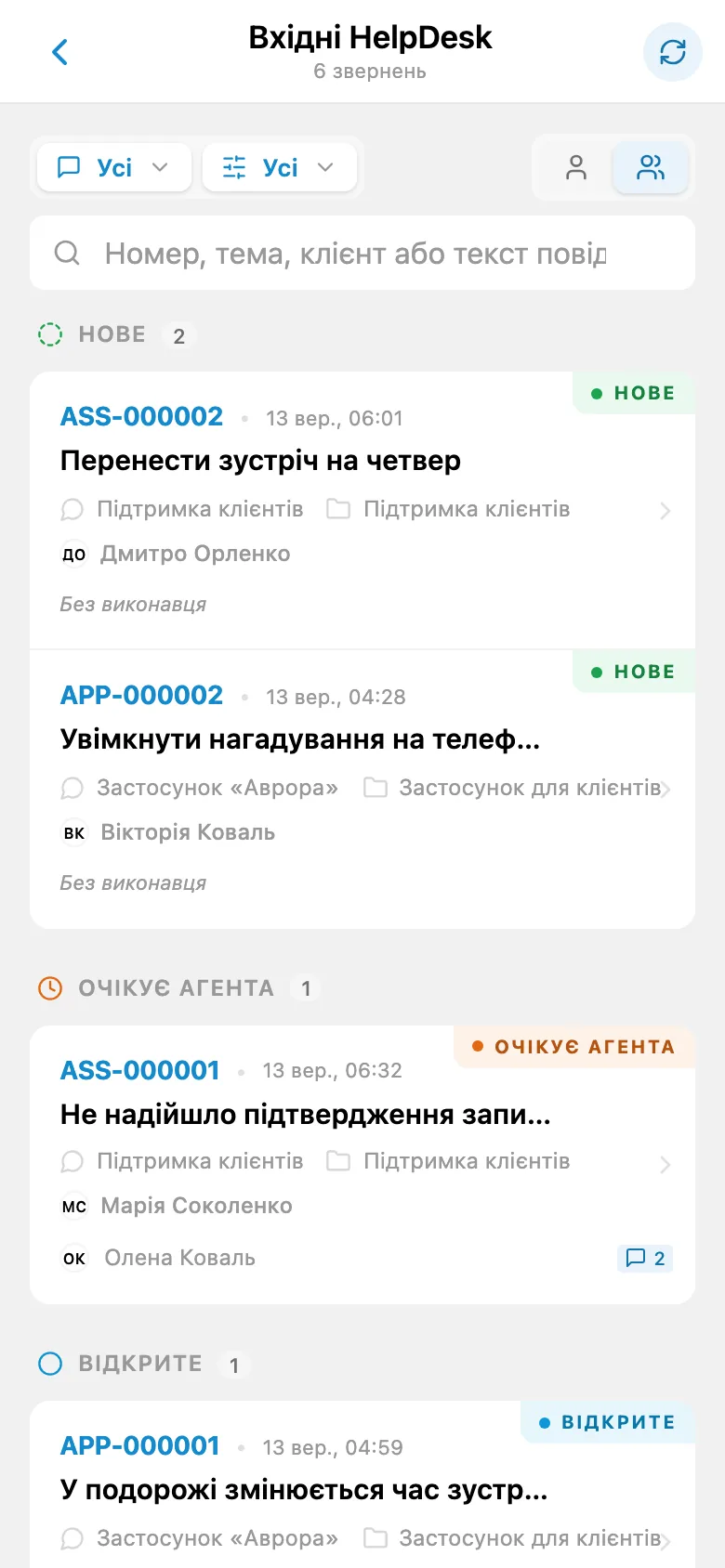 Вхідні звернення клієнтів із різними станами
