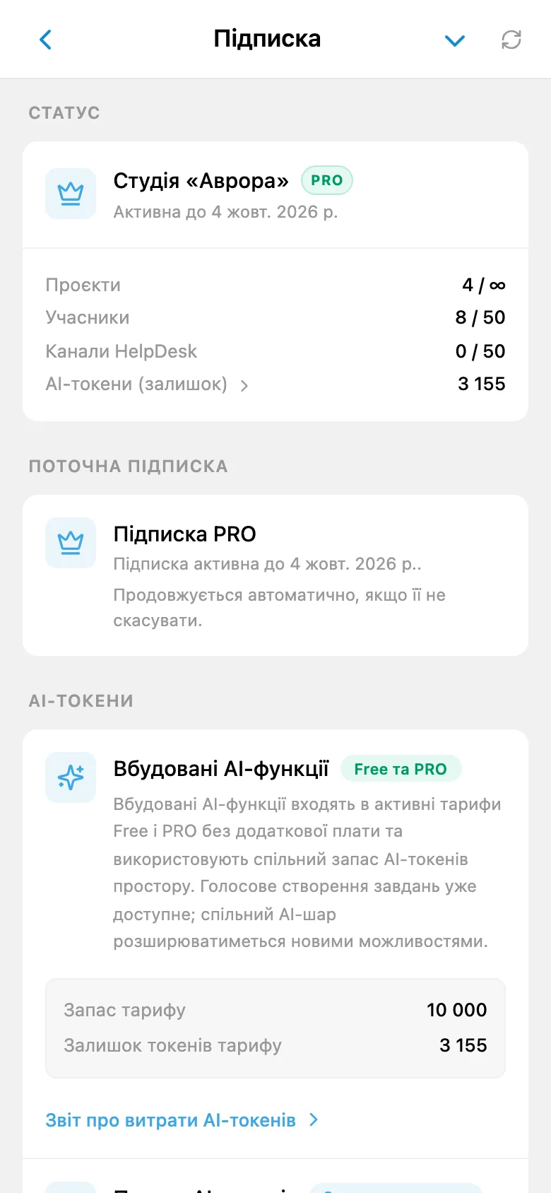 Інформація про підписку робочого простору