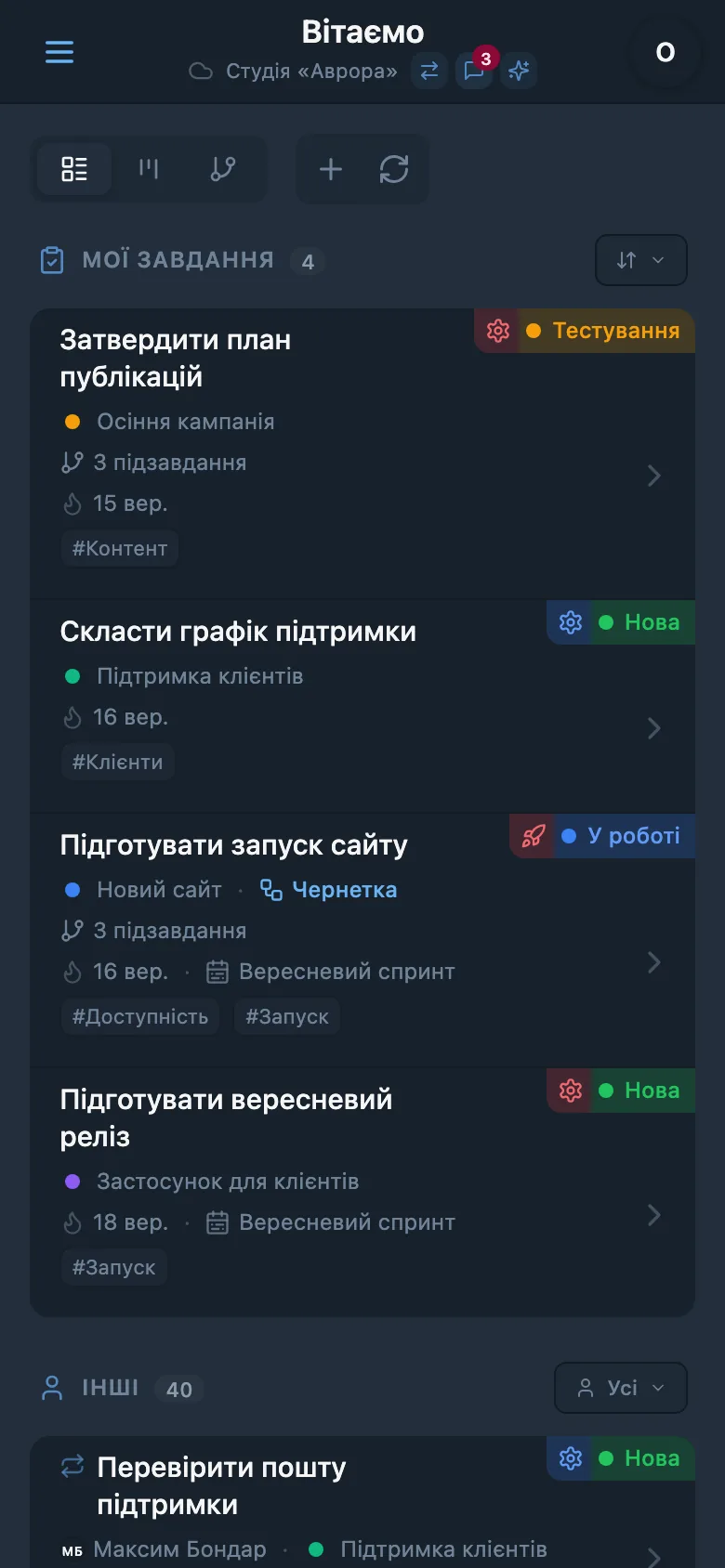 Список завдань у темі, вибраній для сторінки
