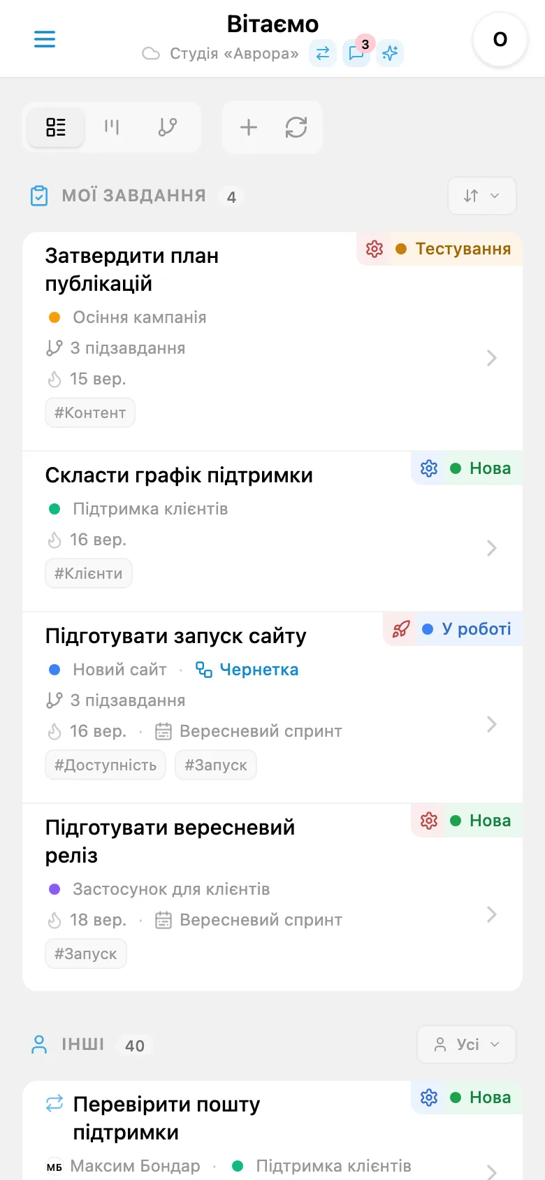 Список завдань у темі, вибраній для сторінки