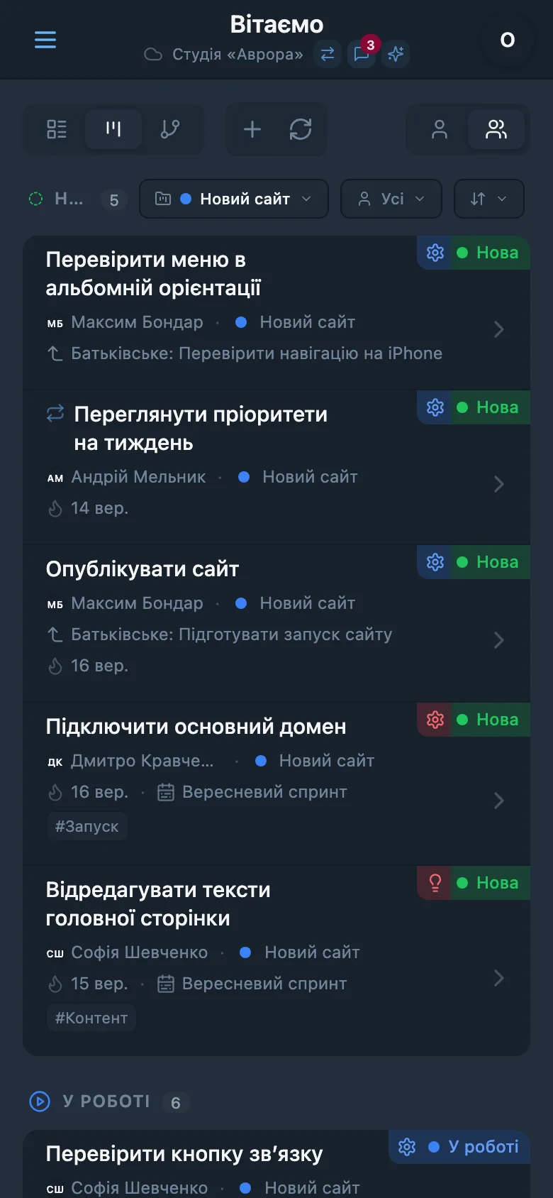Завдання вибраного проєкту з його кольоровою позначкою