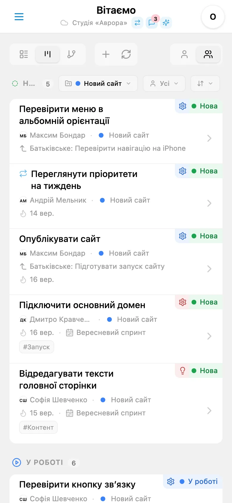 Завдання вибраного проєкту з його кольоровою позначкою