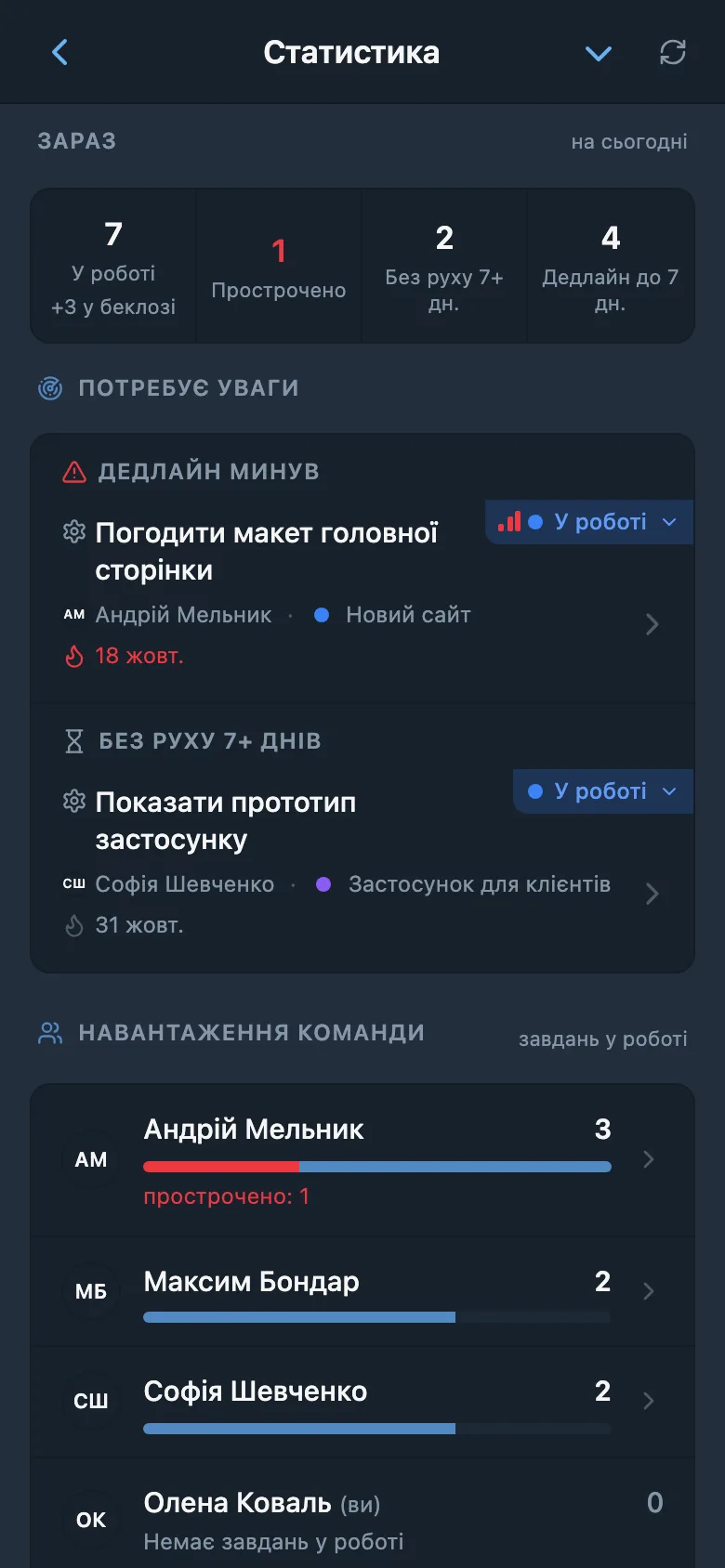 Статистика роботи за проєктами й учасниками