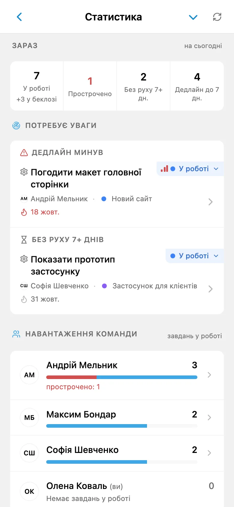 Статистика роботи за проєктами й учасниками
