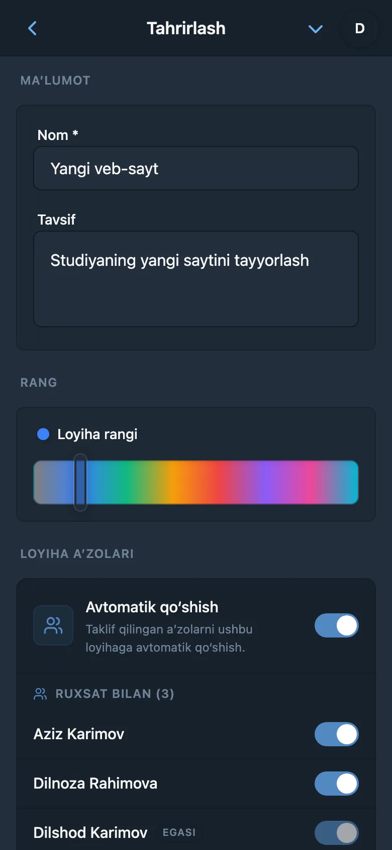 Loyiha sozlamalarida rangni tanlash