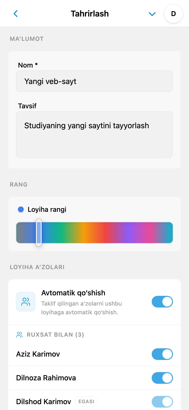 Loyiha sozlamalarida rangni tanlash