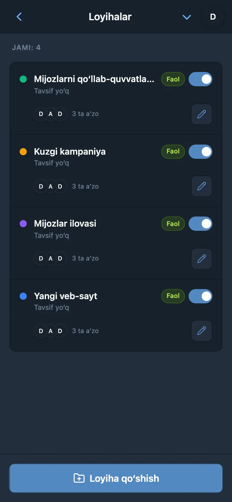 iTasks mobil interfeysidagi loyihalar ro‘yxati