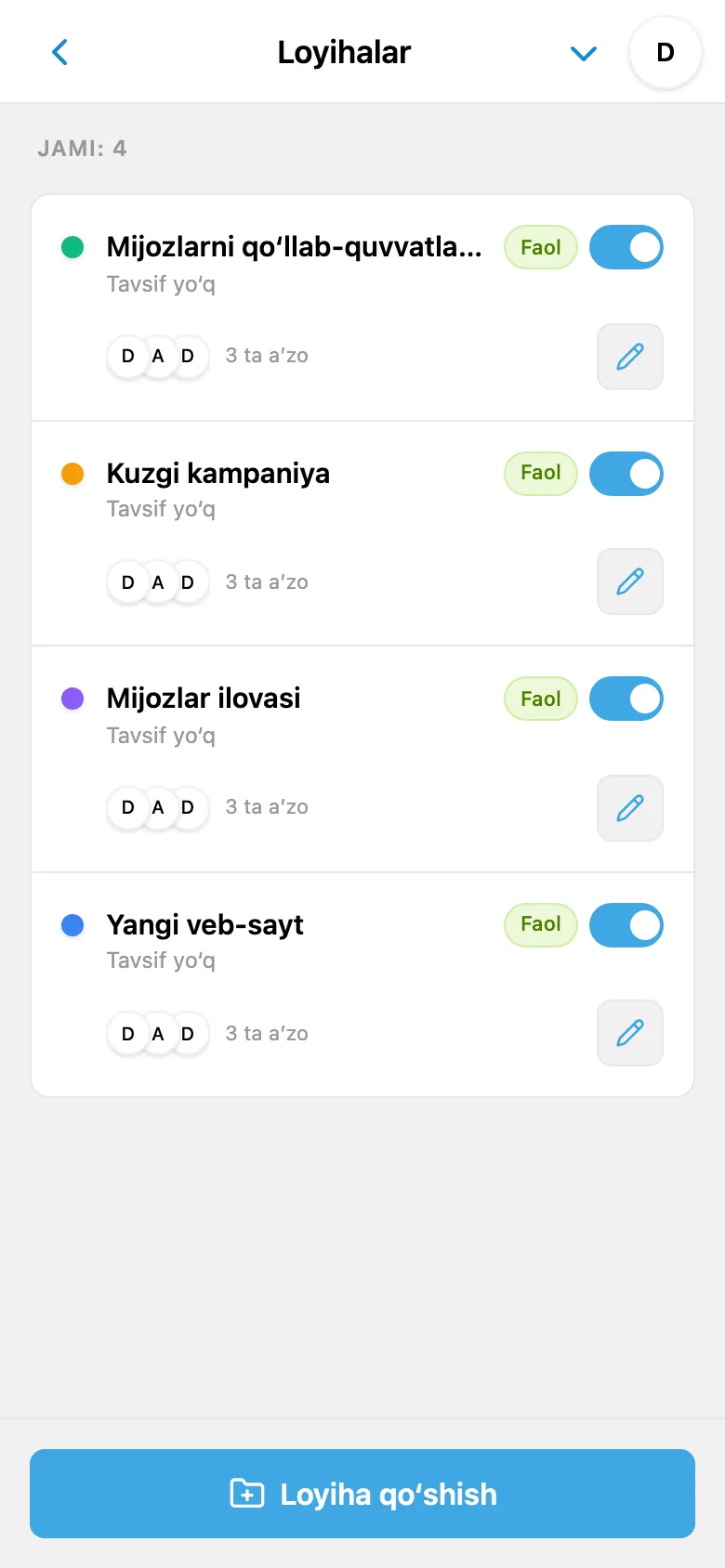 iTasks mobil interfeysidagi loyihalar ro‘yxati
